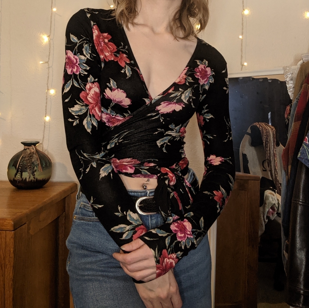 Floral Printed Long-Sleeve Wrap Top